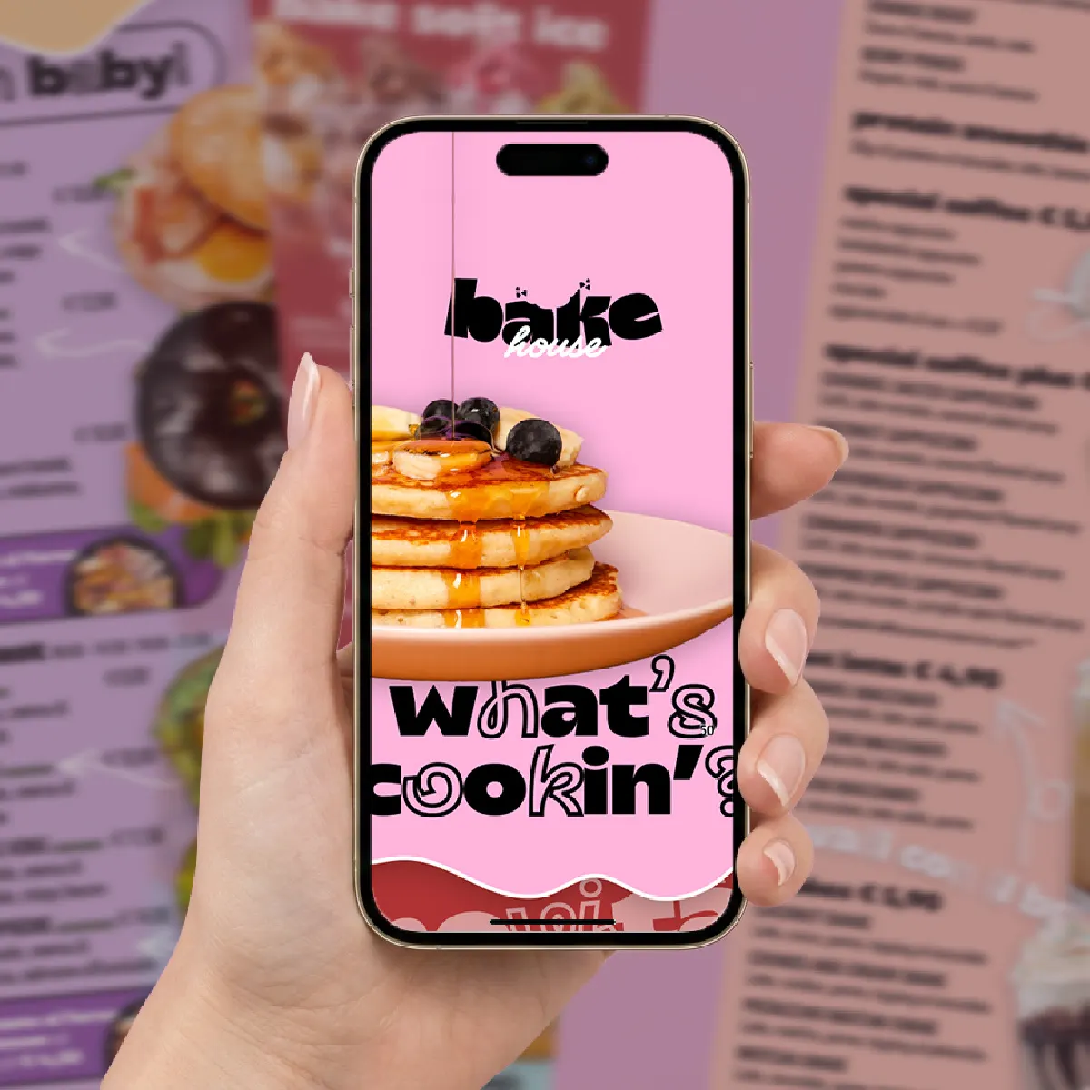 Il menu digitale Bakehouse aperto su smartphone, con la copertina pancake e la scritta what is cookin