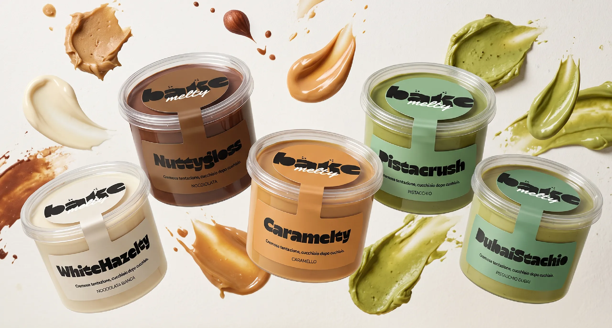 Il packaging della linea Bake Melty: cinque vasetti di creme spalmabili con etichette a colori diversi