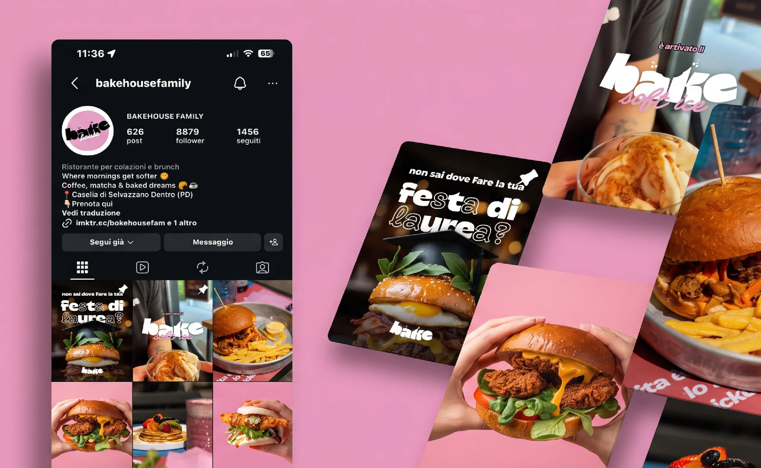 Il profilo Instagram Bakehouse Family con la griglia dei post e alcune storie del format grafico