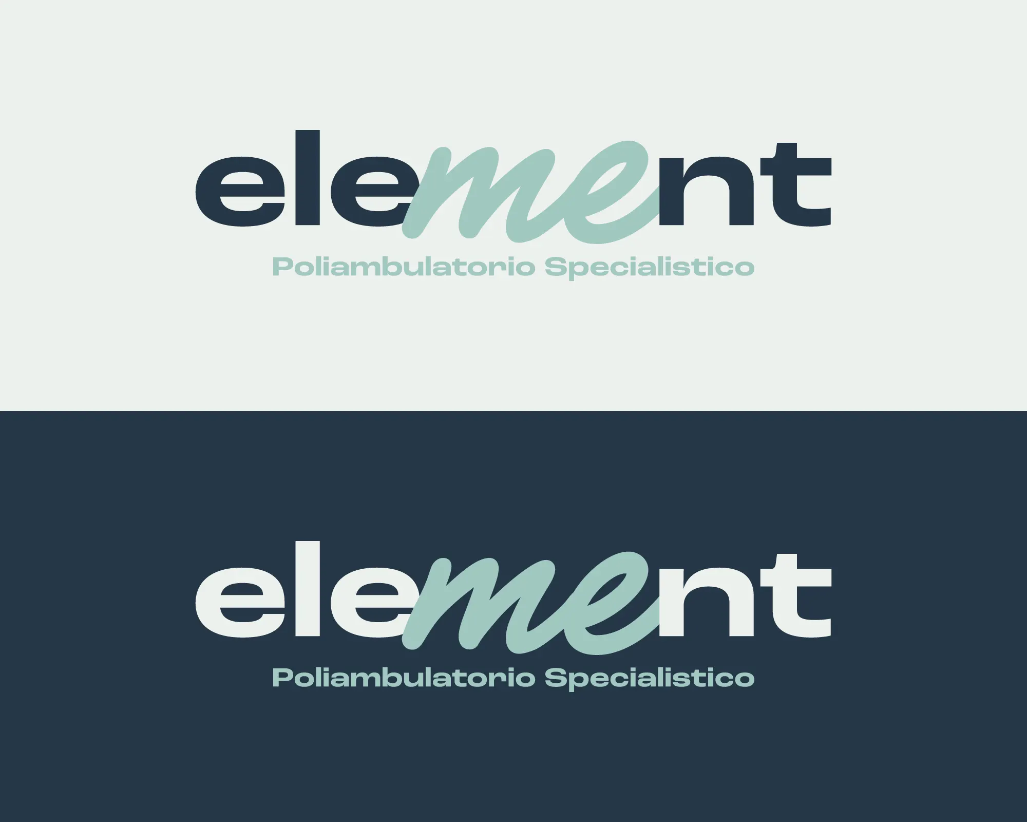 Il logo Element con il payoff Poliambulatorio Specialistico, nella versione su fondo chiaro e su fondo blu notte