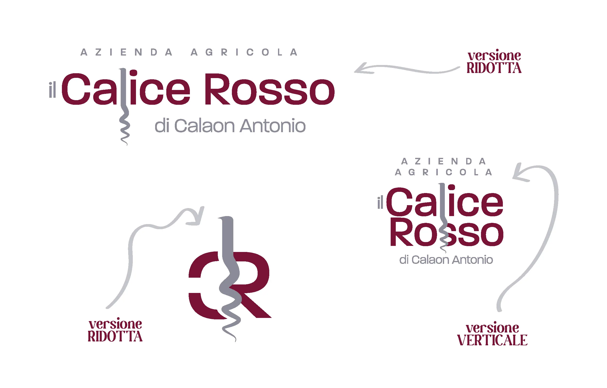 Le tre versioni del logo Il Calice Rosso: estesa, ridotta con il monogramma a cavatappi e verticale