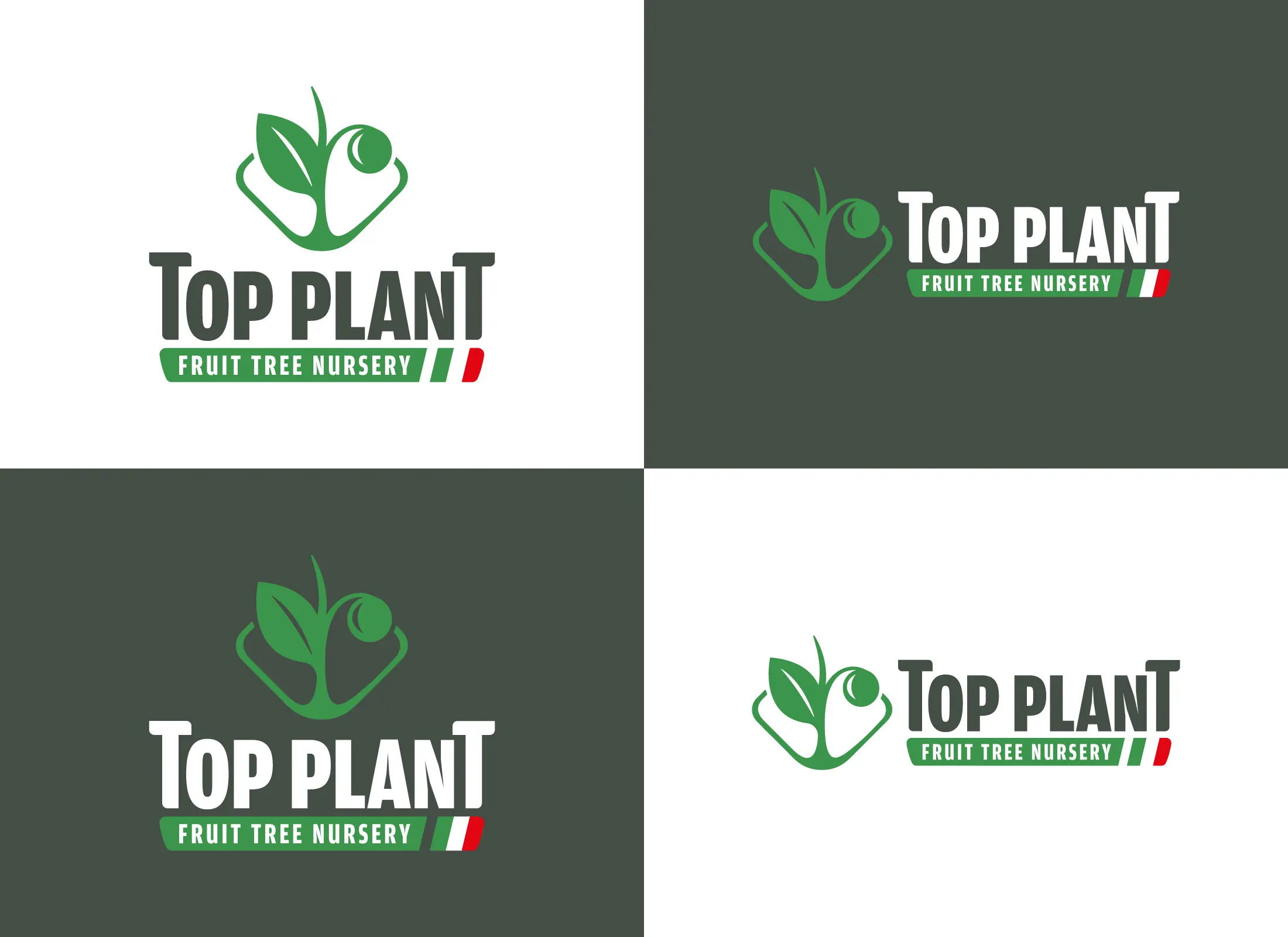 Le quattro versioni del logo Top Plant Fruit Tree Nursery, verticale e orizzontale, su fondo chiaro e su fondo verde scuro